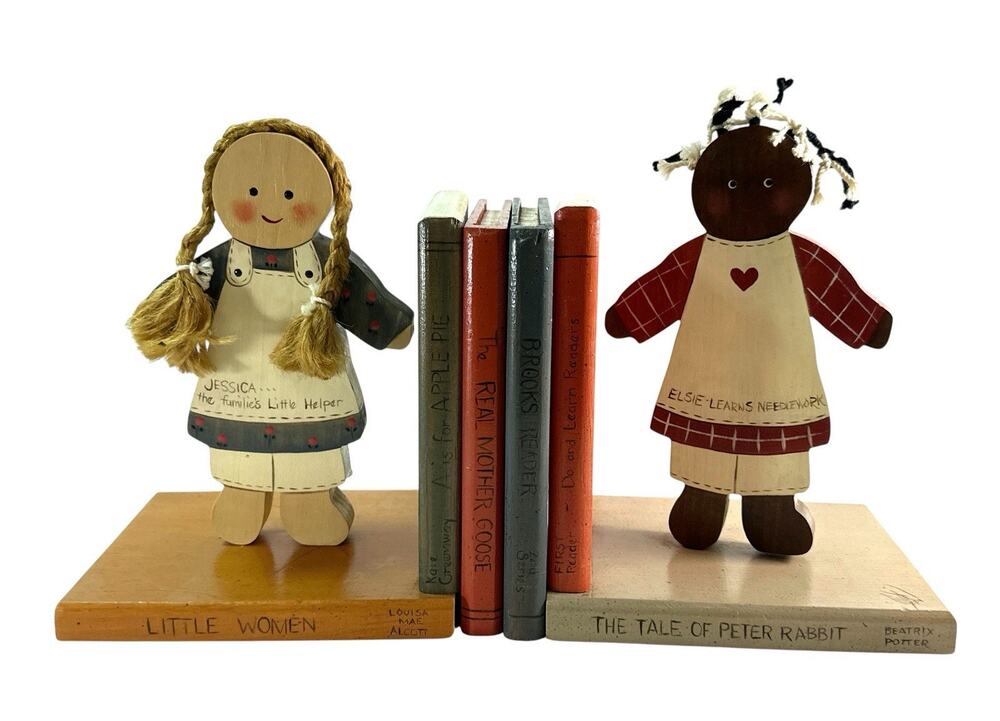 Folk Art Wood Girl Bookends Faux Books Little Women Peter Rabbit Signed 1988
